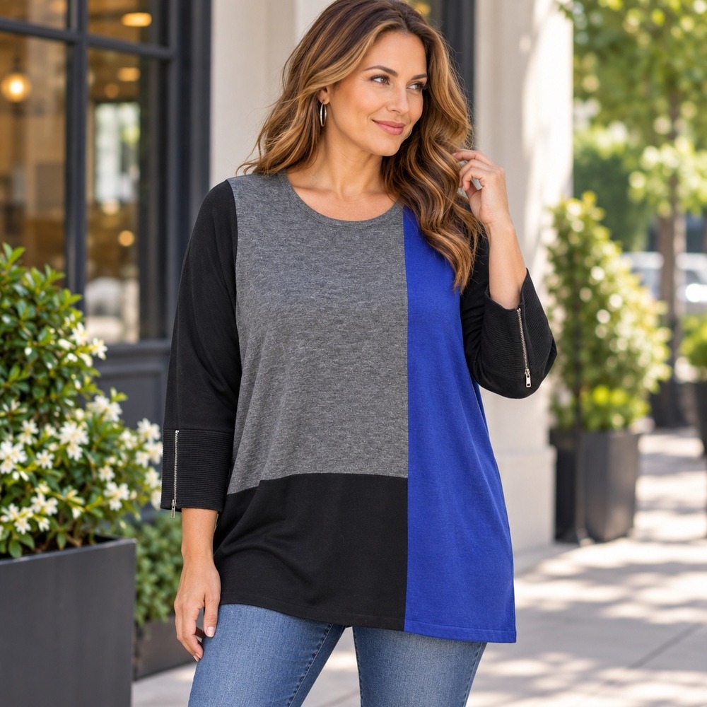 Chicos Colorblock Knit Top Cobalt Blue Black Zipper 3/4 Sleeve Size 2 US Large